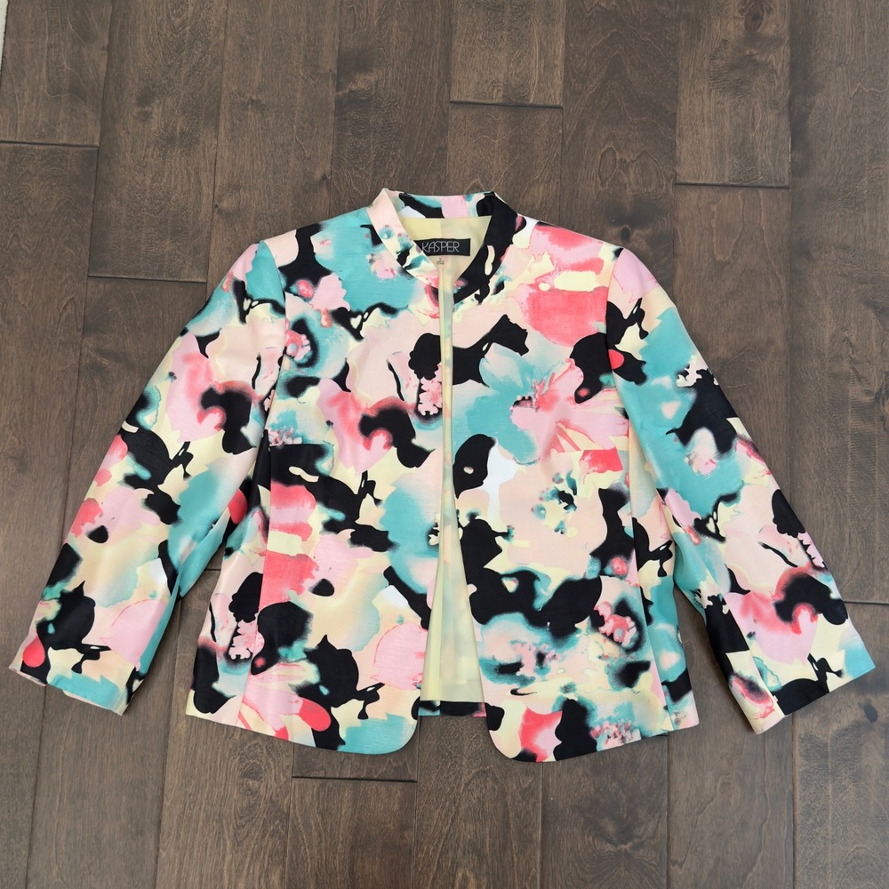 Kasper Womens Floral Watercolor Open Front Blazer Jacket Pink Teal Size 8